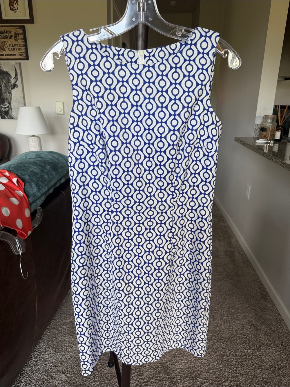 Sleeveless Geometric Shift Dress in Blue and White